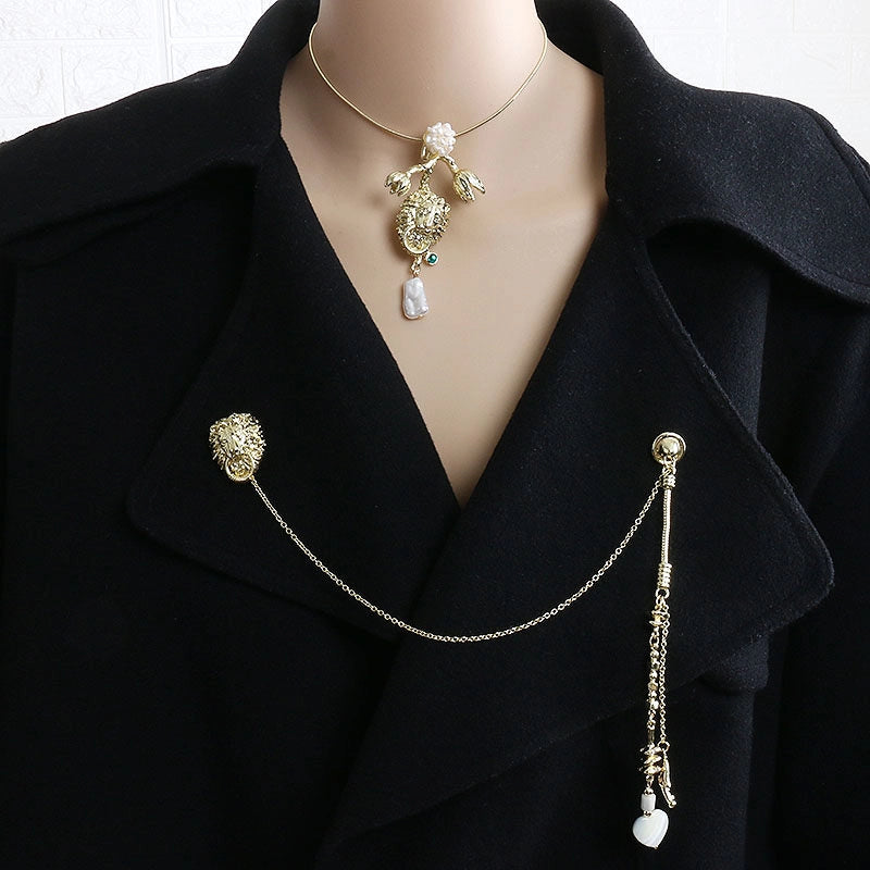 Vintage Lion Pearl Chain Brooch [AZY56DB1]