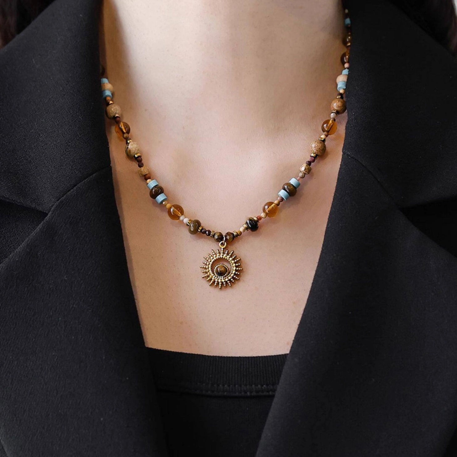 Vintage Sun Beaded Pendant Necklace [KDT49PZG]