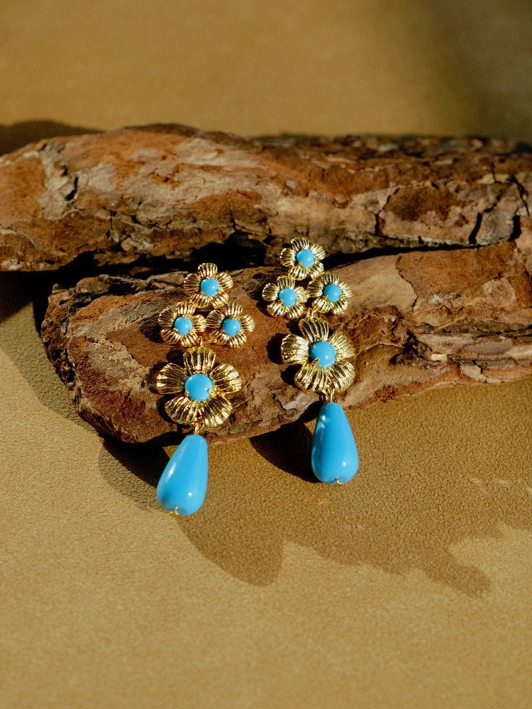 Water Wave Blue Flower Pendant Earrings [5AXAMI1Y]