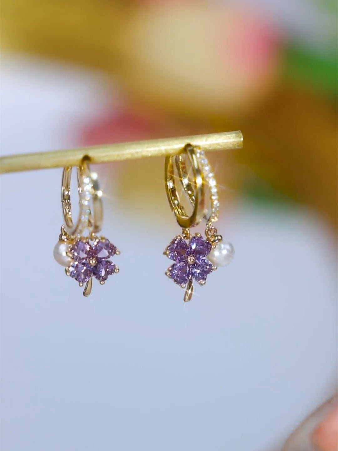Zelda Purple Clover Pearl Earrings