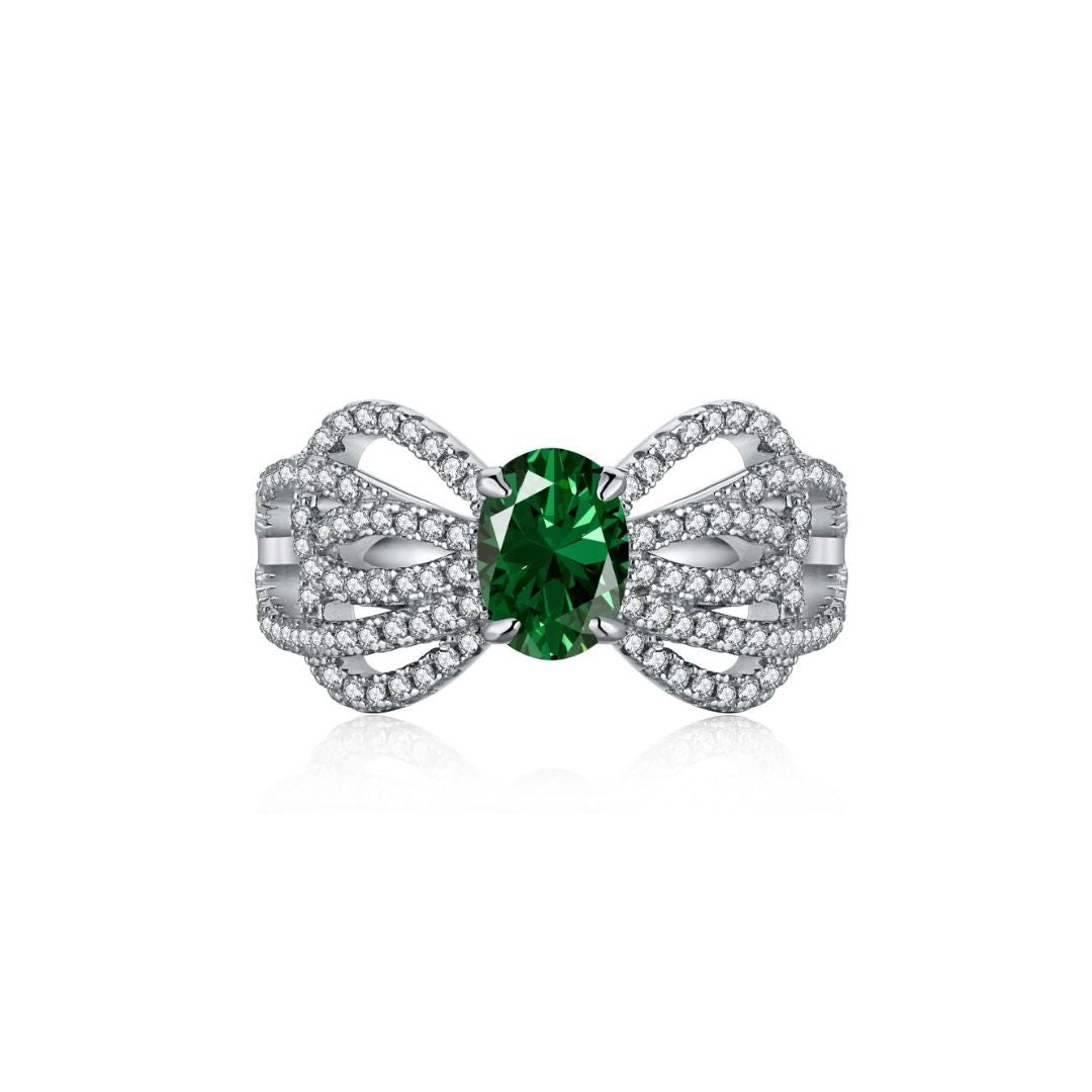 Oval Green Crystal 925 Sterling Silver Bow Ring